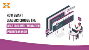 Odoo implementation illustration showing a business leader working on a laptop beside large computer screens with Odoo ERP interface and the headline “How smart leaders choose the best Odoo implementation partner in India” for PPTS Solutions blog banner.