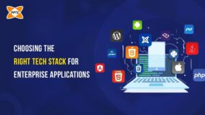 Choosing the right tech stack for enterprise applications banner featuring PPTS logo, laptop illustration, and icons of technologies like HTML5, CSS3, JavaScript, Angular, Python, PHP, WordPress, Android, and Apple on a blue background.