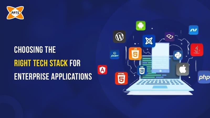 Choosing the right tech stack for enterprise applications banner featuring PPTS logo, laptop illustration, and icons of technologies like HTML5, CSS3, JavaScript, Angular, Python, PHP, WordPress, Android, and Apple on a blue background.