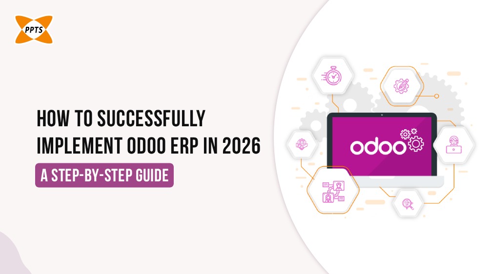 How to successfully implement Odoo ERP in 2026 step-by-step guide banner with Odoo ERP dashboard illustration and business process icons.