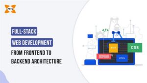 Full-stack web development banner showing frontend to backend architecture with HTML, CSS, and PHP on a laptop screen, illustrating modern web application development concepts.