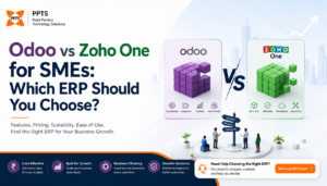 Illustration comparing Odoo and Zoho One ERP software for SMEs, covering pricing, customization, scalability, ease of use, and business efficiency to help companies choose the right ERP solution.