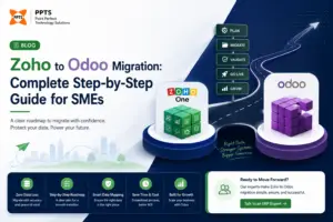 "PPTS blog banner comparing Zoho One and Odoo ERP, highlighting a complete step-by-step migration guide for SMEs with data migration, mapping, zero data loss, timelines, costs, and scalability features."